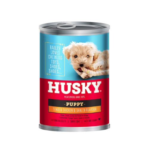 husky dog food puppy chicken and rice tin
